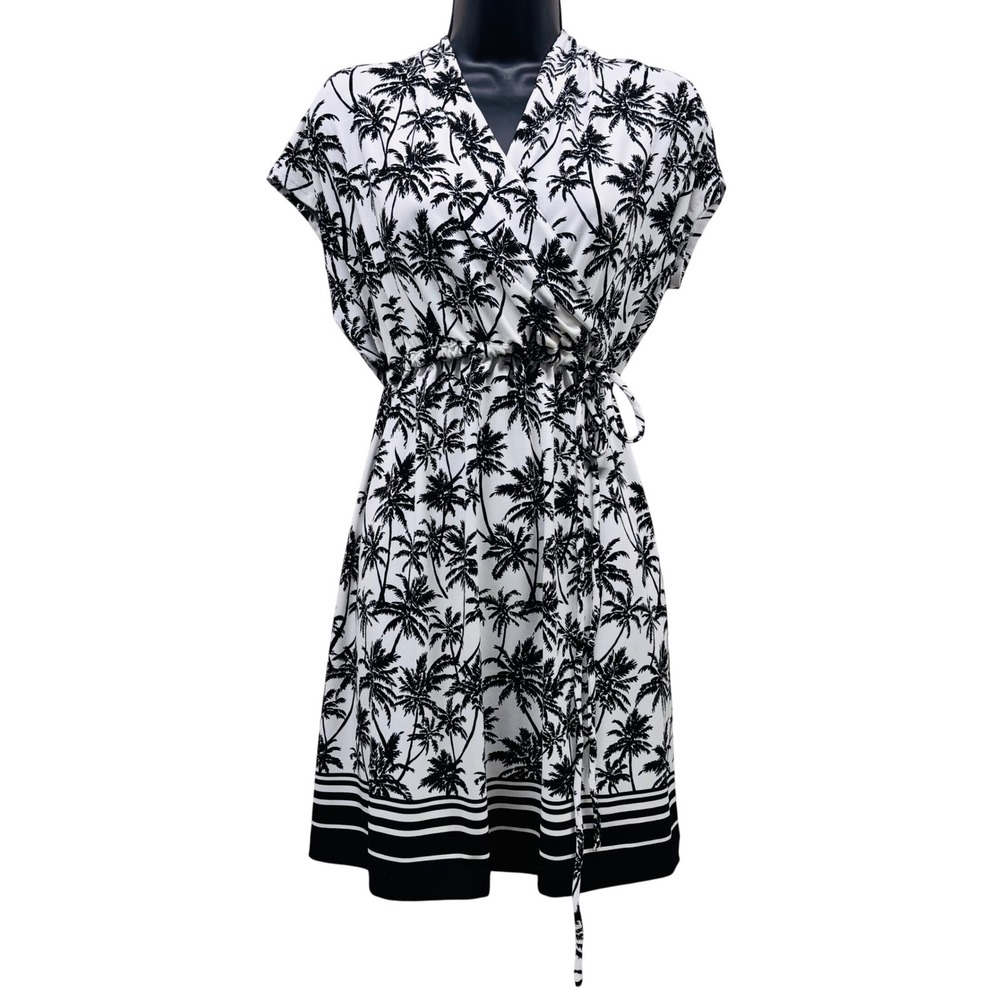 Brooks Brothers Womens XL Palm Tree Print Faux Wrap Dress Black White Tropical